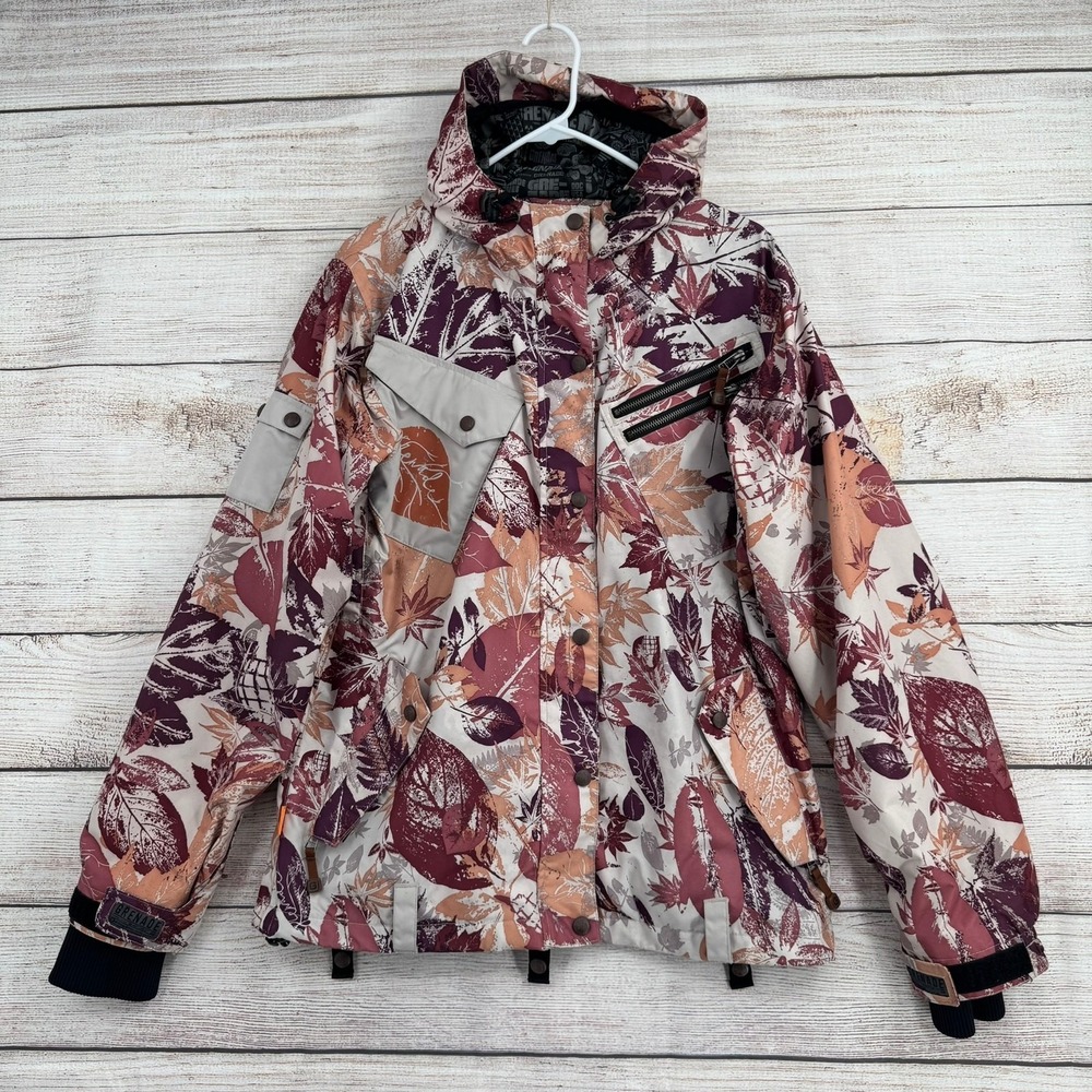 Grenade Snowboard Ski Jacket Womens Medium Beige Pink Floral Fatigue Project